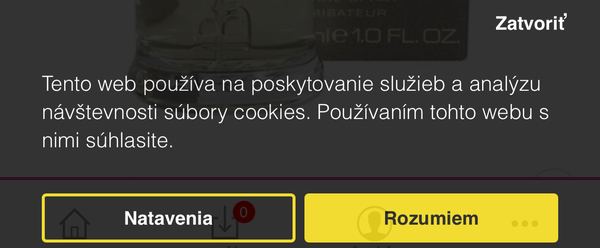 Cookie lišta s textom, že používaním webu návštevník súhlasí s cookies, a s tlačidlami Nastavenia a Rozumiem; odmietnutie chýba.