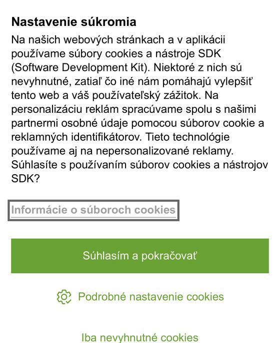 Cookie lišta s veľkým zeleným tlačidlom Súhlasím a pokračovať; možnosť Iba nevyhnutné cookies je drobný zelený text úplne dole.