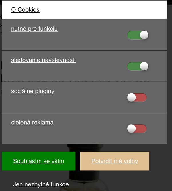Nastavenia cookies so štyrmi prepínačmi: „nutné pre funkciu“ a „sledovanie návštevnosti“ sú zapnuté na zeleno, „sociálne pluginy“ a „cielená reklama“ vypnuté na červeno.