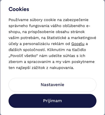 Cookie lišta s tlačidlami Nastavenie a Prijímam; odmietnutie chýba.