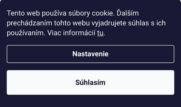 Cookie lišta s tlačidlami Nastavenie a Súhlasím; odmietnutie chýba a text tvrdí, že súhlas vzniká ďalším prechádzaním webu.