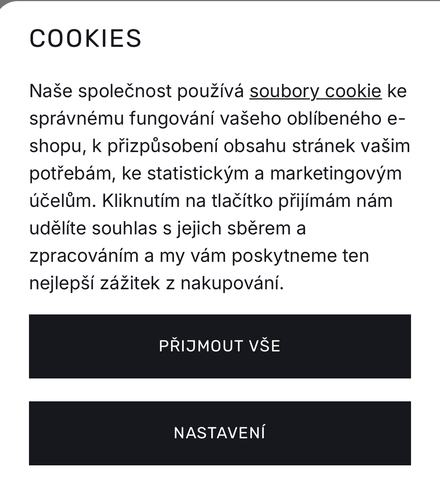 Cookie lišta českého e-shopu s tlačidlami Přijmout vše a Nastavení; odmietnutie chýba. Text aj rozloženie sú zhodné so slovenským e-shopom.