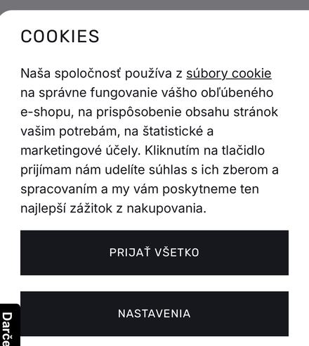 Cookie lišta slovenského e-shopu s tlačidlami Prijať všetko a Nastavenia; odmietnutie chýba.